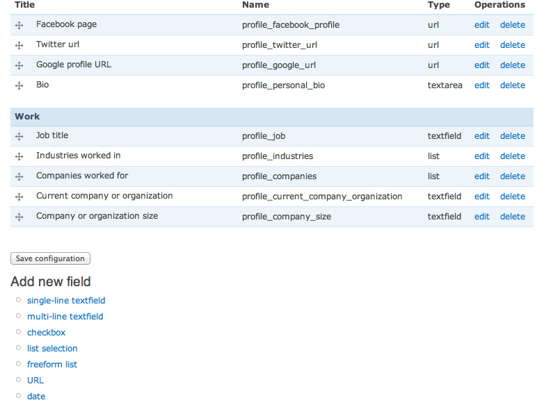 List of fields, grouped in a field set, ability to add new fields at bottom